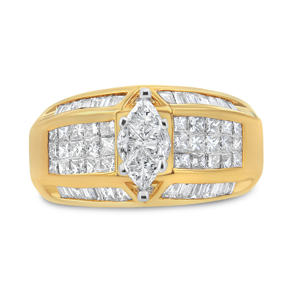 Anillo de oro amarillo y blanco de 14 quilates con diamantes redondos, baguettes, de talla princesa y de talla pie con un peso total de 1,75 quilates (color H-I, claridad SI1-SI2)