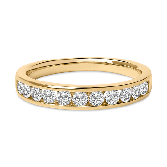 Anillo de oro amarillo de 14 quilates con 11 diamantes redondos de 1/2 quilate engastados en carril