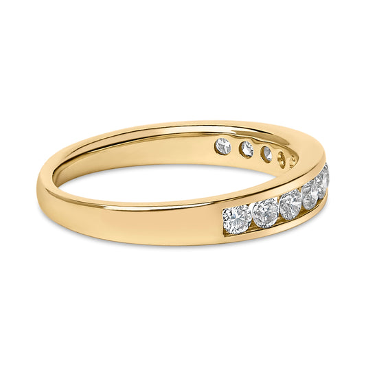 Anillo de oro amarillo de 14 quilates con 11 diamantes redondos de 1/2 quilate engastados en carril