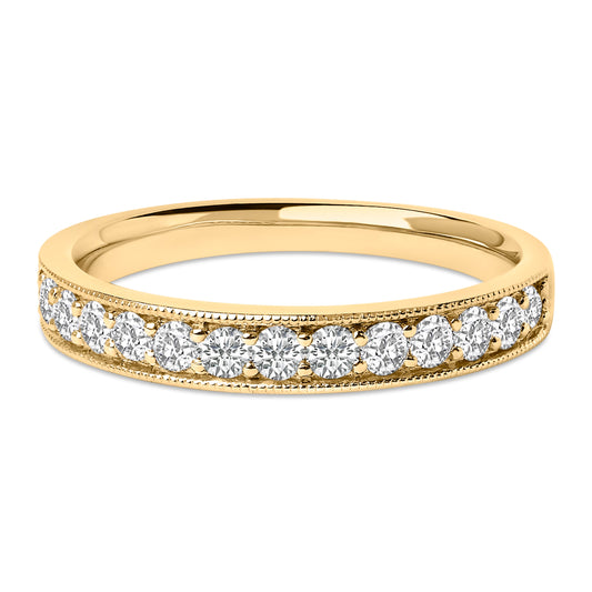 Anillo de boda de oro amarillo de 14 quilates con diamante redondo de 1/2 qt y milgrain