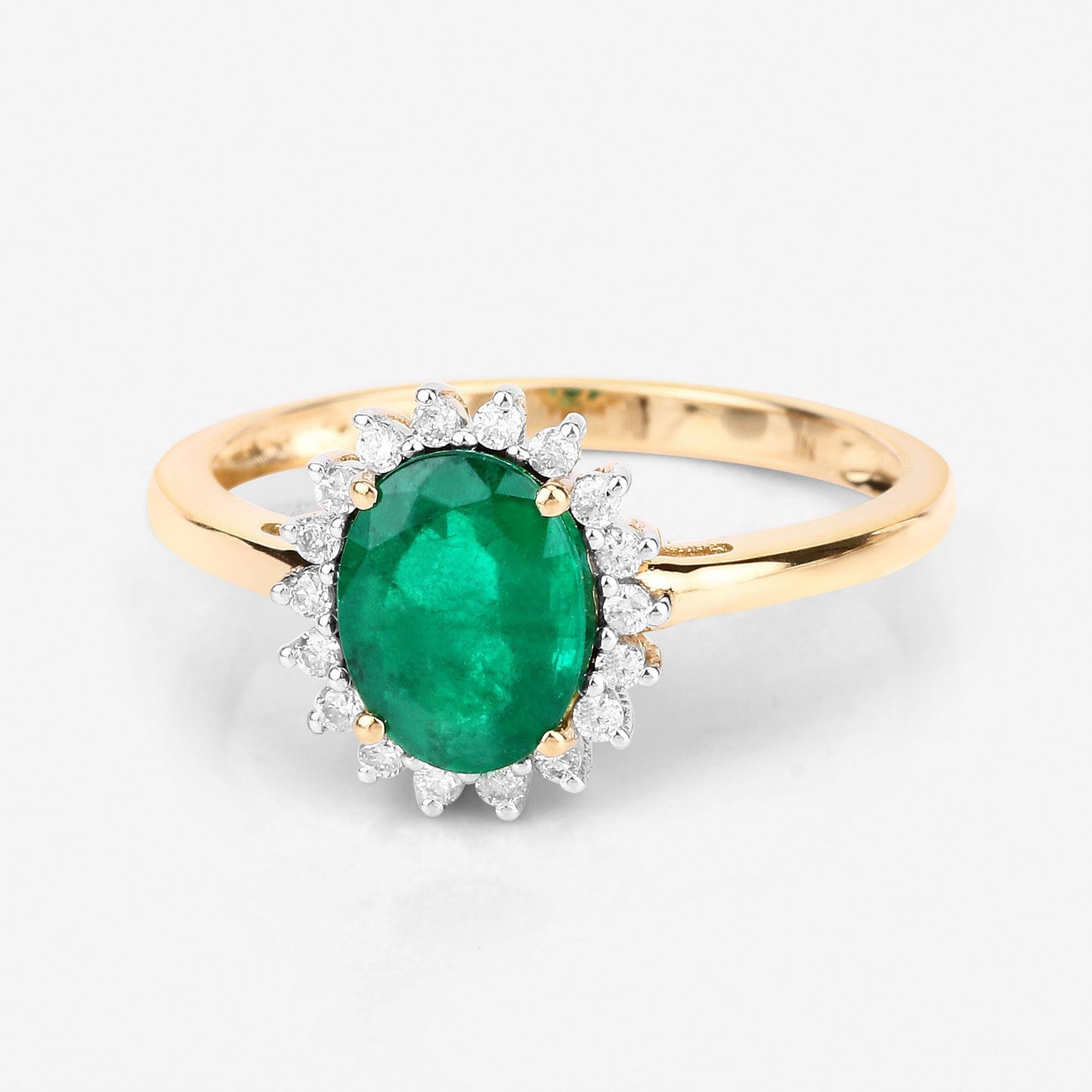 Anillo de oro amarillo de 14 quilates con esmeralda zambiana auténtica de 1,34 quilates y diamantes blancos