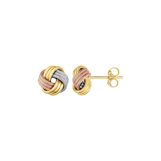 Pendientes de poste nudo de amor en oro tricolor de 14k