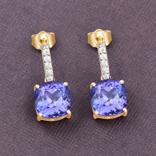Pendientes de 14 quilates de oro amarillo con tanzanita genuina de 5.64 quilates y diamantes blancos