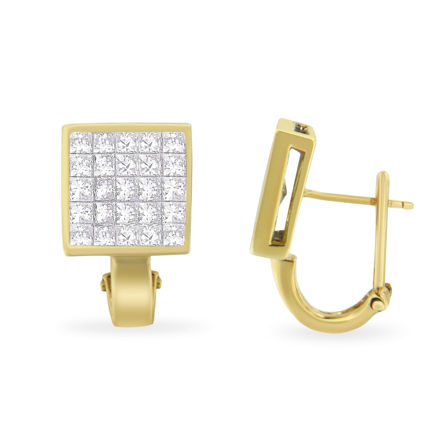 Pendientes de botón con cierre omega y diseño tipo argolla "huggy" en oro amarillo de 14K con diamantes de talla princesa de 3-1/5 Cttw en montura invisible de cuadrícula de ¾ cuadrados (Color G-H, Claridad VS1-VS2)