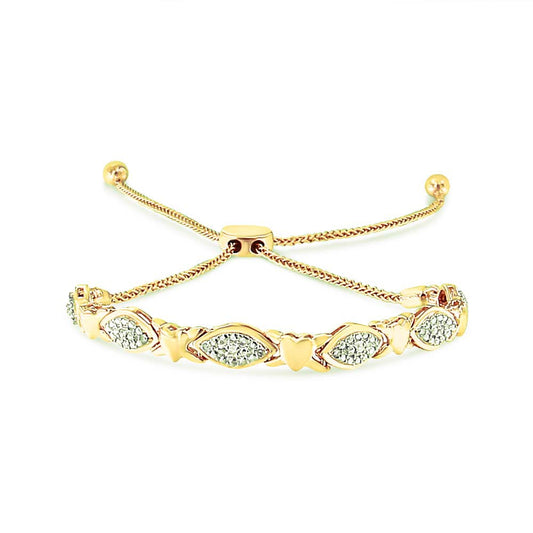 Pulsera Bolo de Eslabones de Corazón y Forma Marquesa Alternados con Acentos de Diamantes de Plata Esterlina .925 con Baño de Oro Amarillo de 14K (Color I-J, Claridad I3) - Ajustable de 6" a 9"