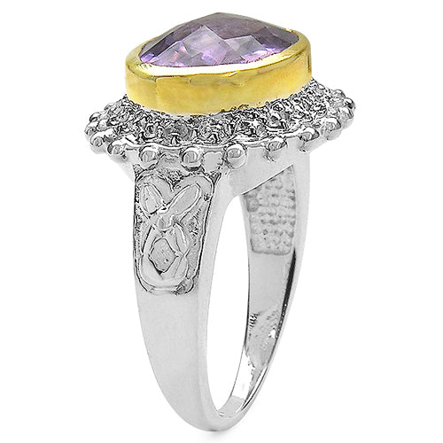 Anillo de plata de ley .925 con amatista genuina de 4,36 quilates y topacio blanco, bañado en dos tonos
