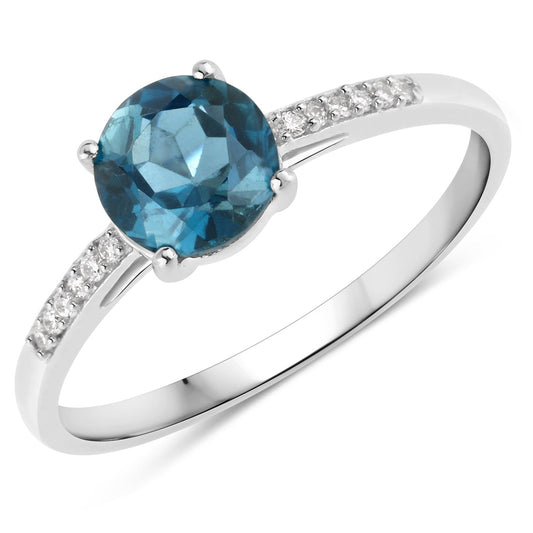 Anillo de oro blanco de 14 quilates con topacio azul de Londres genuino de 1,05 quilates y diamantes blancos
