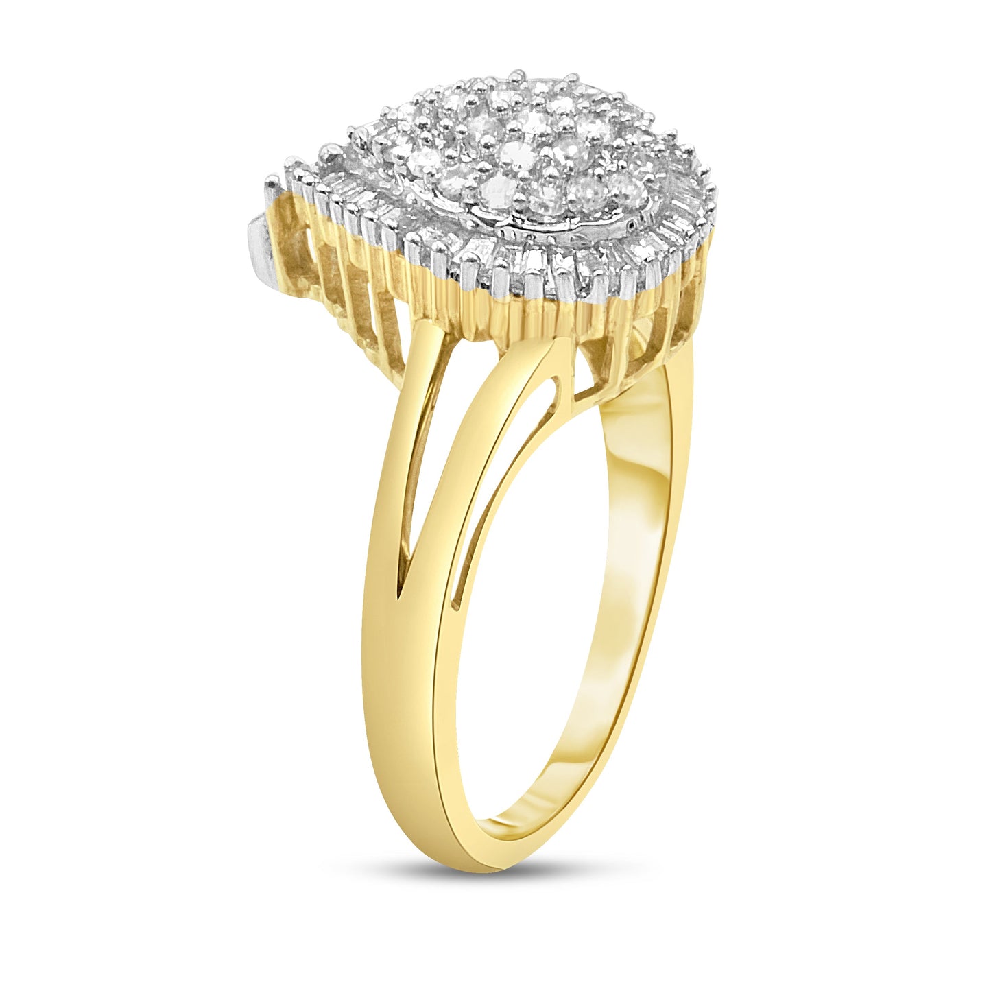 Anillo de cóctel estilo bailarina de oro blanco y amarillo de 14 quilates con diamantes redondos y talla baguette de 1,00 quilates en total (color H-I, claridad SI2-I1)