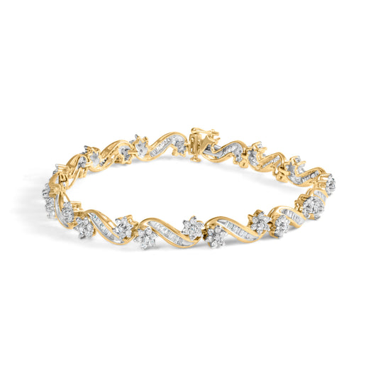 Pulsera de eslabones florales de oro amarillo de 10 quilates con corte redondo y baguette de 3.00 quilates, 7.25" (Color I-J, Claridad I1-I2)