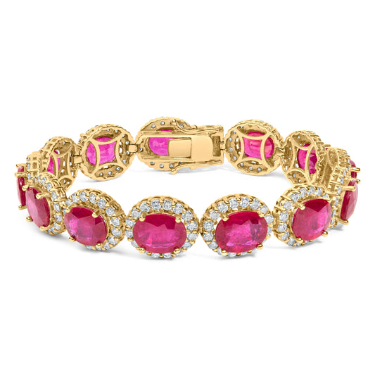 Pulsera de eslabones de oro amarillo de 14 quilates con halo de rubí rojo ovalado de 34,0 Cttw y diamantes de 6 2/5 Cttw (color I-J, claridad SI1-SI2) - 7,25 pulgadas