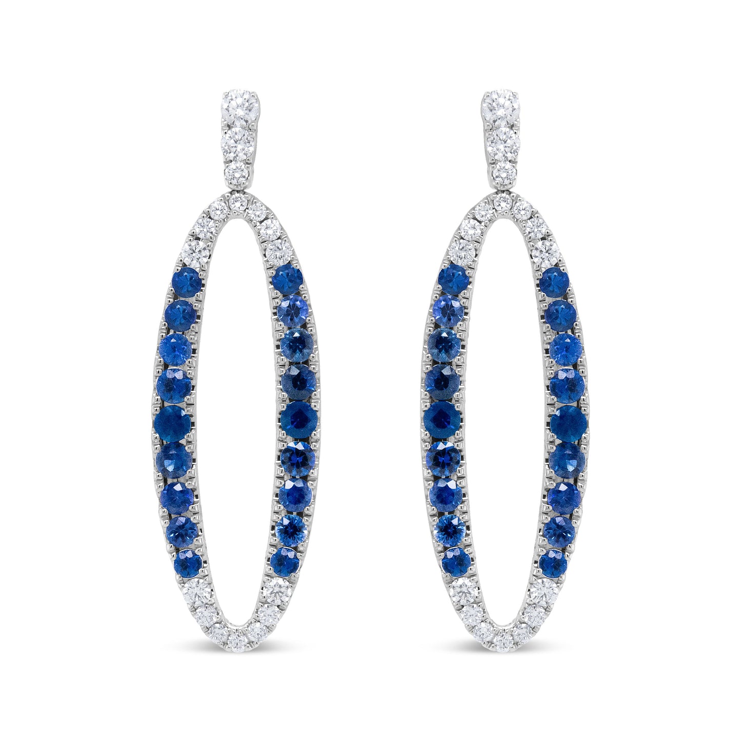 Pendientes Colgantes Ovalados Calados de Oro Blanco de 18K con Diamantes Azules Redondos de 1.11 Cttw y Zafiros Azules (Color F-G, Claridad VS1-VS2)