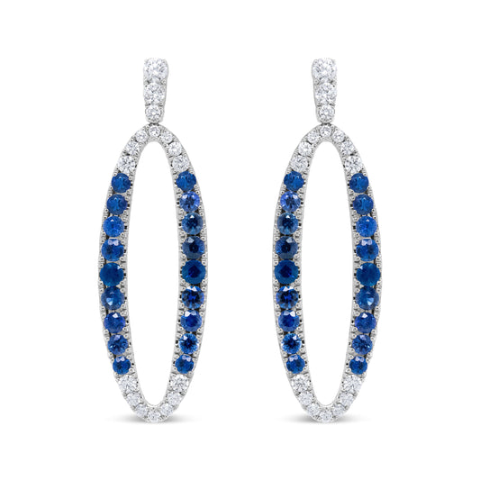 Pendientes Colgantes Ovalados Calados de Oro Blanco de 18K con Diamantes Azules Redondos de 1.11 Cttw y Zafiros Azules (Color F-G, Claridad VS1-VS2)