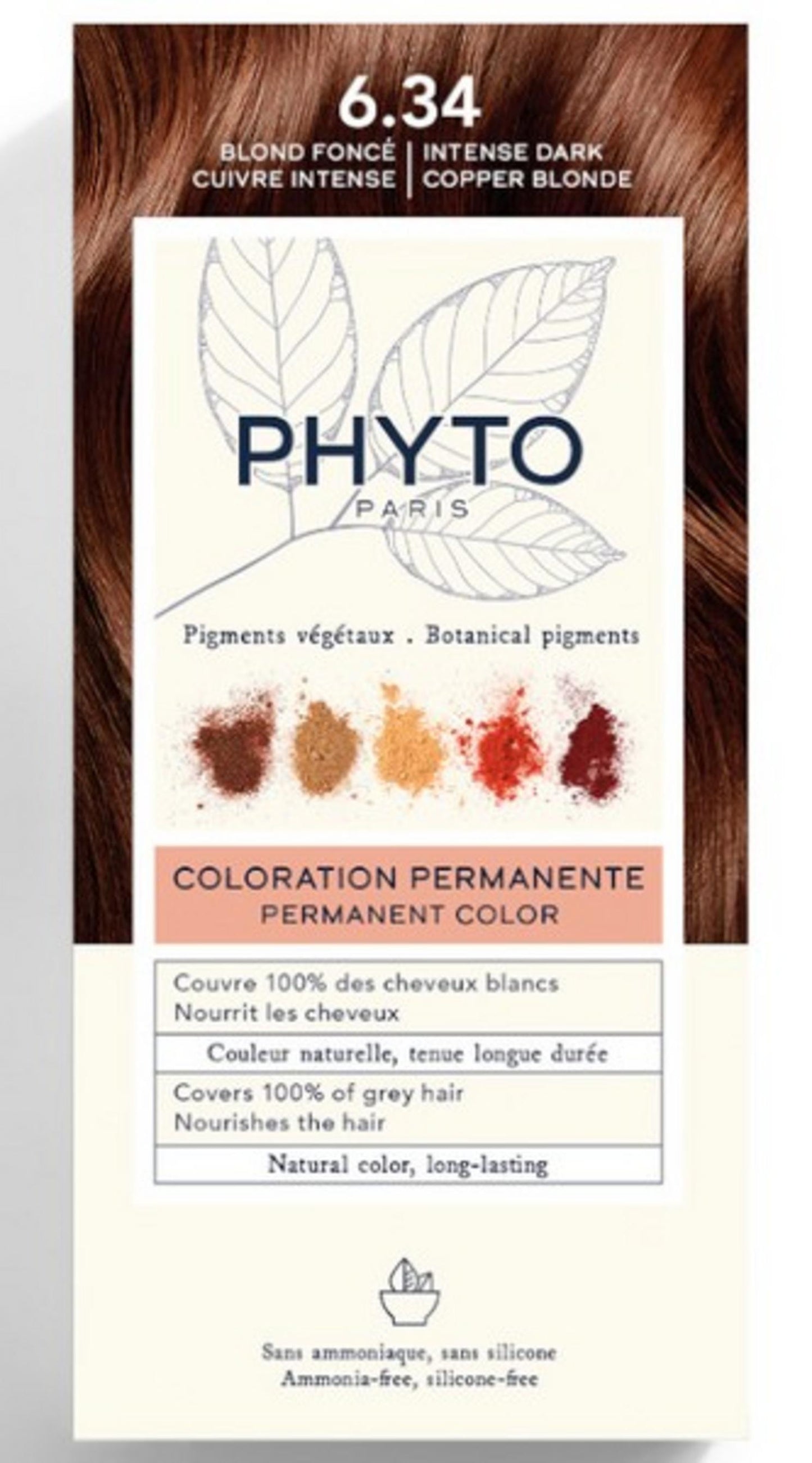 Phyto, Color Kit Coloration, Permanent Hair Dye, 6.34 Intense Dark Copper Blonde, 1 pcs