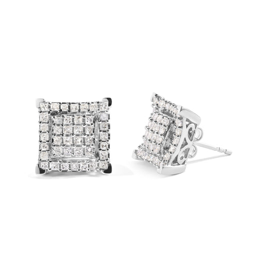 Pendientes de doble cuadrado y halo de diamante princesa compuesto de oro blanco de 10K con un peso total de 1 1/4 quilates (Color I-J, Claridad I1-I2)