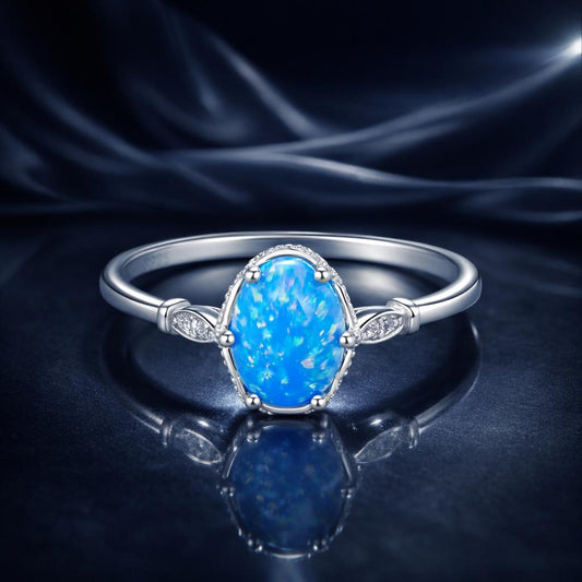 Anillos de ópalo de plata de ley 925 en talla 6.0 con engaste pavé y baño de oro blanco para mujer