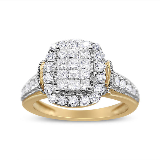Anillo de oro amarillo y blanco de 14 K con 1,00 quilates en total de diamantes de talla princesa y redonda en forma de esmeralda, halo y racimo (claridad SI1-SI2, color H-I) - Talla 7