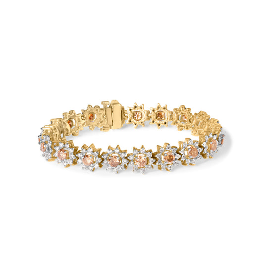 Pulsera de eslabones tipo halo con racimo floral de oro amarillo de 14K y diamantes color champán de 8.00 Cttw (color H-I, claridad I1-I2)