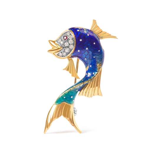 Broche de oro amarillo de 18 K y esmalte azul con diamantes y zafiros rosas en forma de pez (color H-I, claridad VS2-SI1)