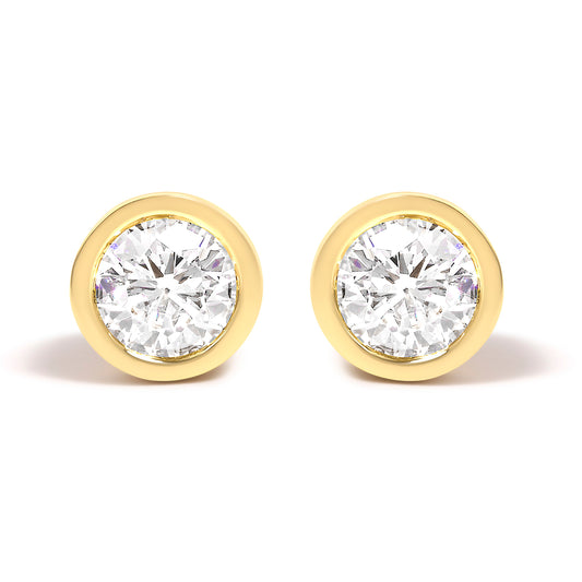 Aretes de diamante solitario cultivado en laboratorio de 1,0 quilates en oro blanco de 14 quilates con bisel clásico y cierre de rosca (color G-H, claridad VS2-SI1)