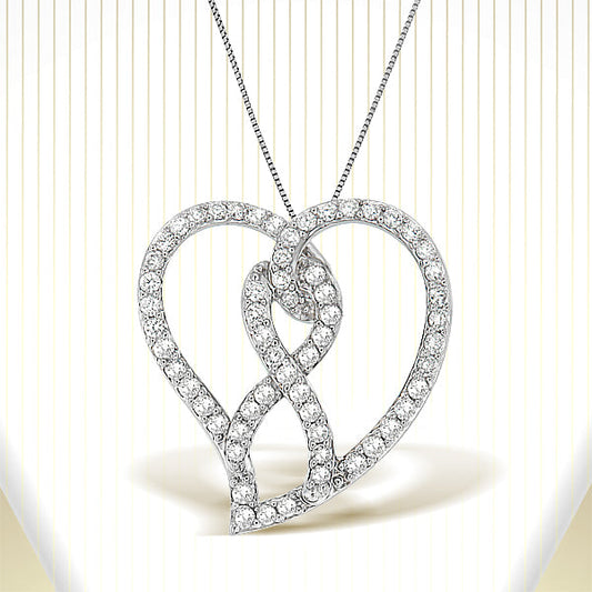 Collar con colgante de oro blanco de 14K con lazo de concientización y corazón abierto de diamantes blancos de 1,0 Cttw y 45 cm (color H-I, claridad I1-I2) - Lazo de diamante blanco