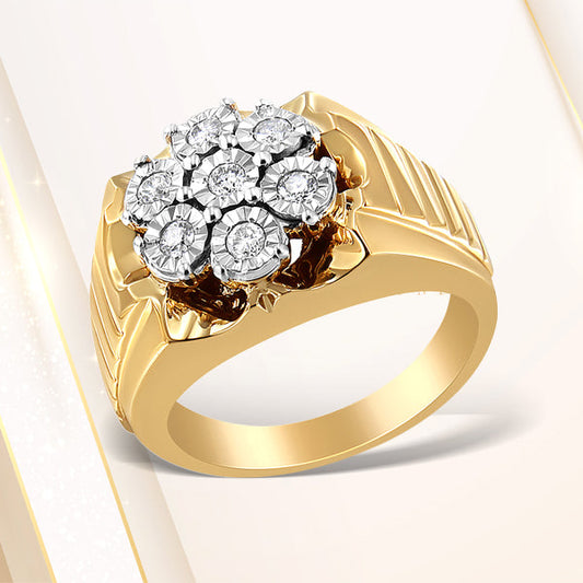 Anillo de racimo floral de diamante con engaste milagroso de 1/3 quilates (color I-J, claridad I1-I2) de plata esterlina .925 chapada en oro amarillo de 14K para hombre - Talla 10