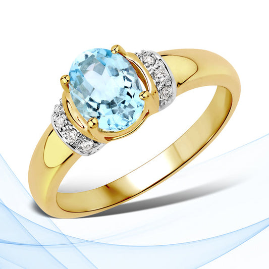 Anillo de oro amarillo de 14 quilates con aguamarina auténtica de 1,09 quilates y diamantes blancos