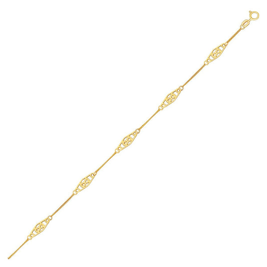 Tobillera de oro amarillo de 14k con estaciones de filigrana elegantes con forma de diamante