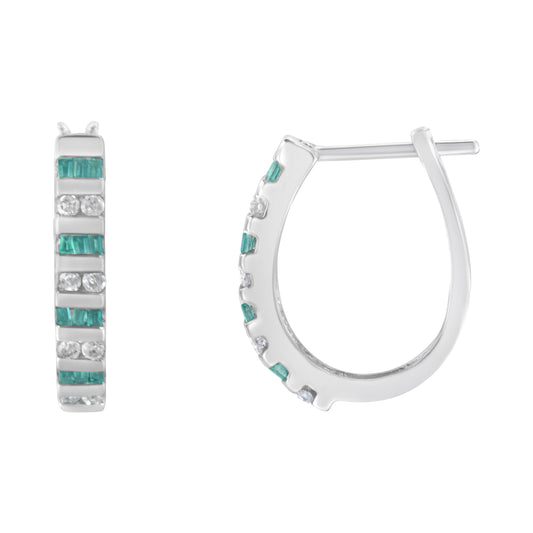 Pendientes de aro de oro blanco de 10k con diamantes redondos y baguette azules de 1/2 quilate (color I-J, claridad I2-I3)