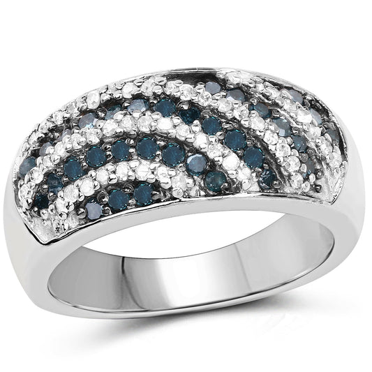 Anillo de plata de ley .925 con diamantes azules y blancos auténticos de 0,62 quilates