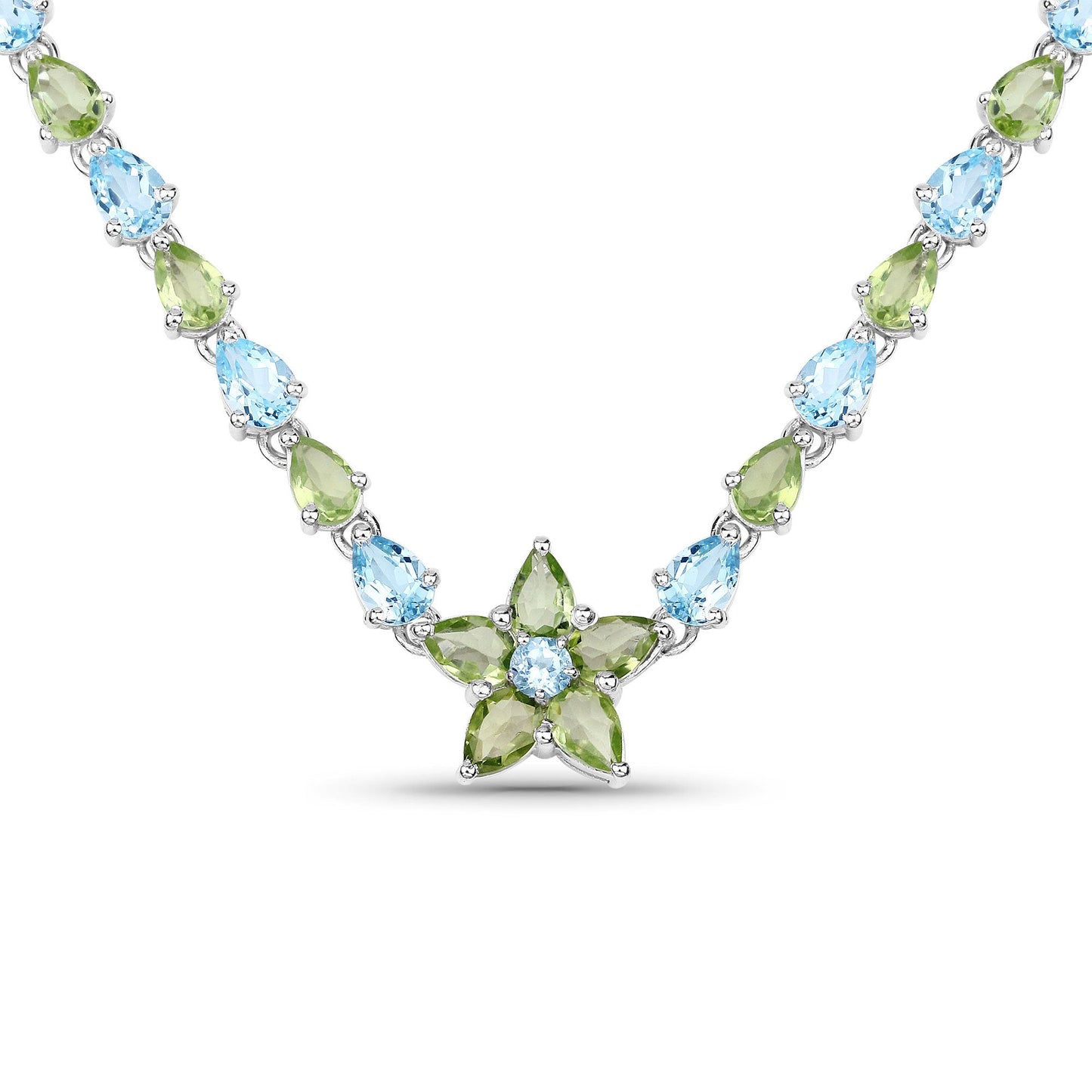 Collar de plata de ley .925 con topacio azul y peridoto auténticos de 29,48 quilates