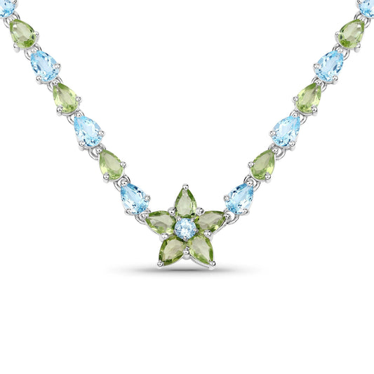 Collar de plata de ley .925 con topacio azul y peridoto auténticos de 29,48 quilates