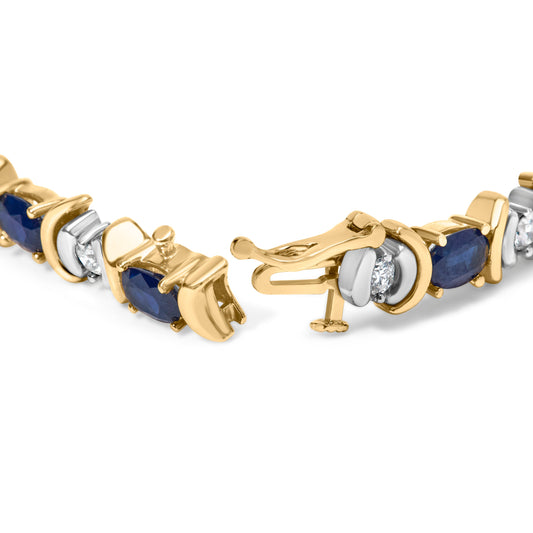 Pulsera de eslabones alternos de oro amarillo de 14 quilates con diamantes de 1,00 Cttw y zafiros azules ovalados de 6 1/2 Cttw (color H-I, claridad SI1-SI2) - 7 pulgadas