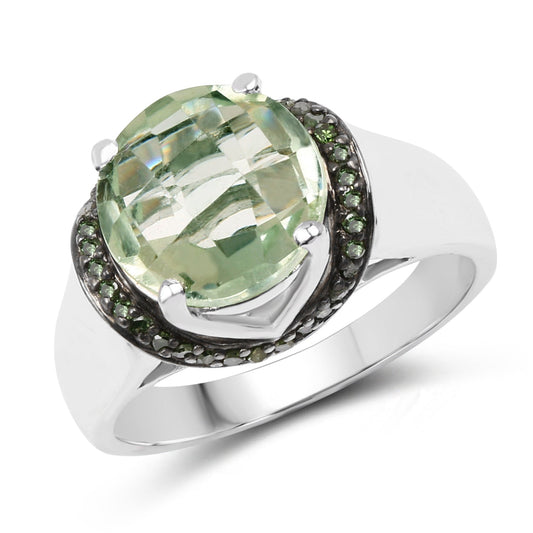 Anillo de plata de ley .925 con amatista verde genuina de 3,95 quilates y diamantes verdes