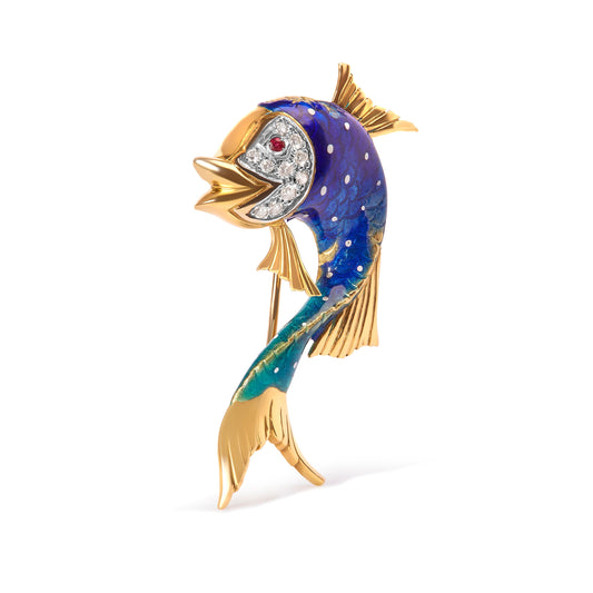 Broche de oro amarillo de 18 K y esmalte azul con diamantes y zafiros rosas en forma de pez (color H-I, claridad VS2-SI1)