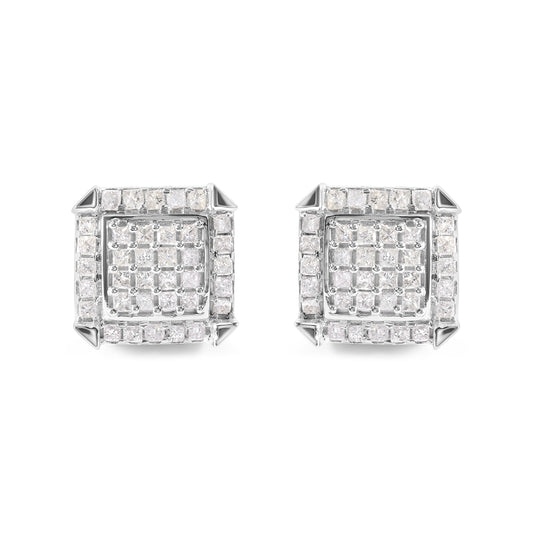 Pendientes de tuerca de oro blanco de 10K con diamantes de princesa de 1 1/10 Cttw en composición y halo (color I-J, claridad I1-I2)