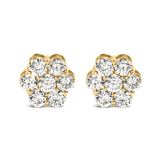 Pendientes de oro amarillo de 14 quilates con 1 1/2 quilates de diamantes redondos de talla brillante en forma de racimo floral de 7 piedras, con cierre de rosca (color I-J, claridad SI1-SI2)