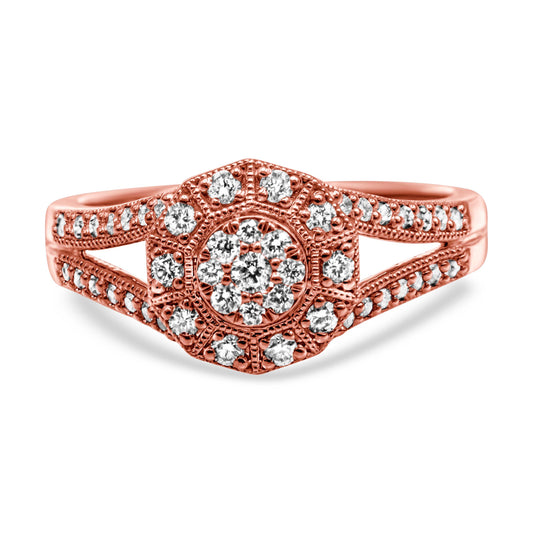 Anillo de cóctel con halo de diamantes pavé de 1/2 quilate, en plata de ley 925 con baño de oro rosa de 14 quilates, con vástago dividido (color I-J, claridad I1-I2) - Talla 6