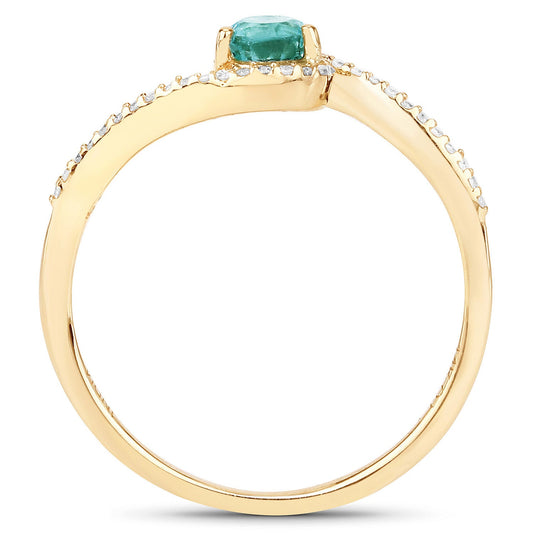 Anillo de oro amarillo de 14 quilates con esmeralda zambiana auténtica de 0,33 quilates y diamantes blancos