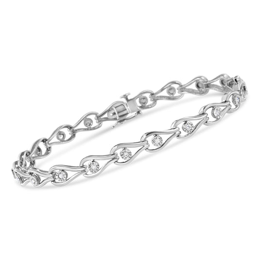 Pulsera de eslabones con forma de pera y bisel de plata de ley .925 con diamantes de 1/10 Cttw engarzados en milagro (color I-J, claridad I3) - 7.25"