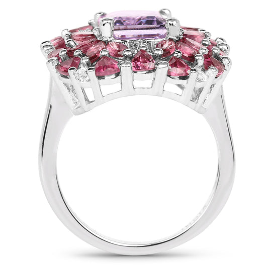Anillo de plata de ley .925 con amatista rosa, rodolita y topacio blanco genuinos de 7.59 quilates