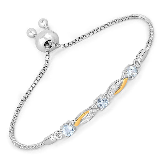 Pulsera de Plata de Ley .925 con Aguamarina Genuina de 0,74 Quilates y Zafiro Blanco