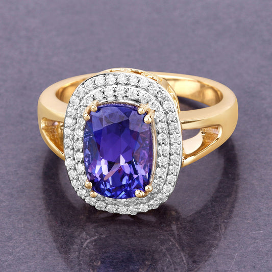 Anillo de oro amarillo de 14 quilates con tanzanita genuina de 3,33 quilates y diamantes blancos