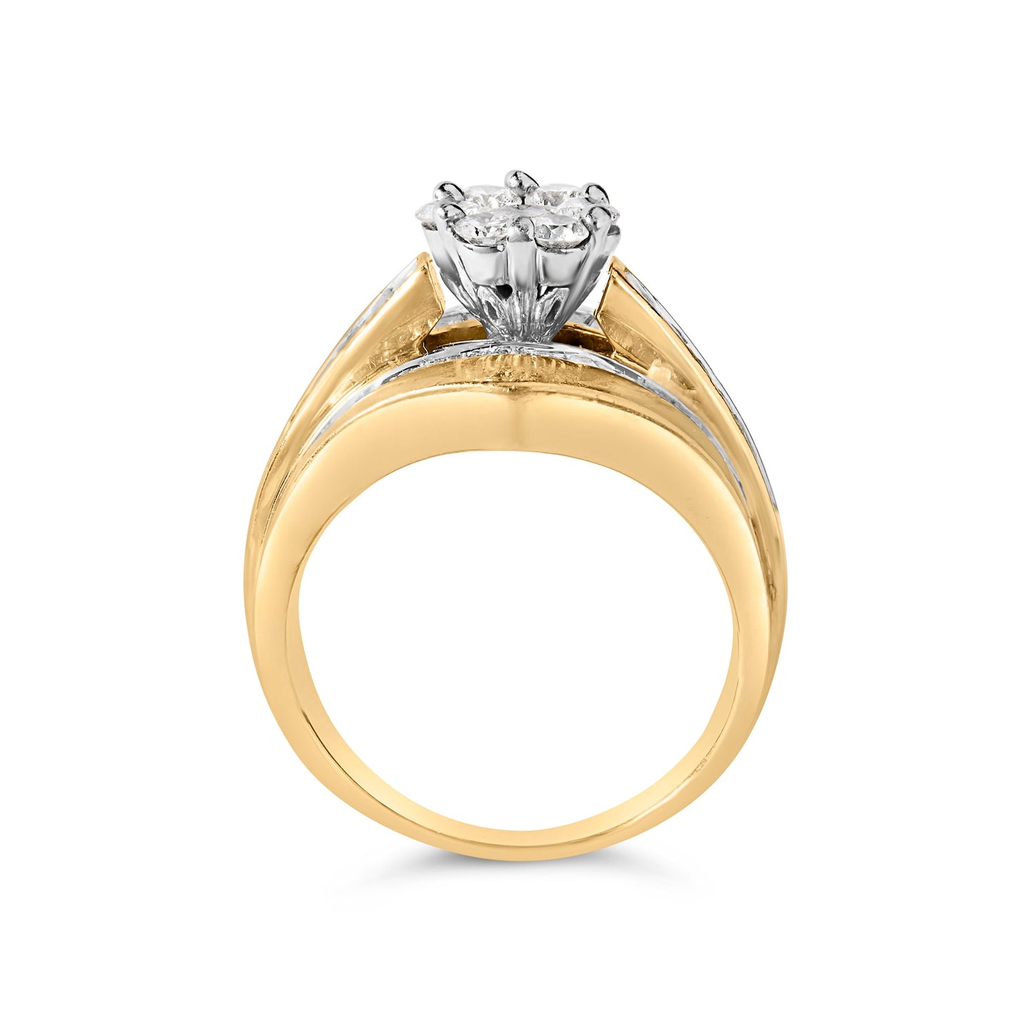 14K Yellow Gold 2-1/3 Cttw Diamond Cluster Channel Set Chevron Shaped Band Engagement Ring & Wedding Band Set