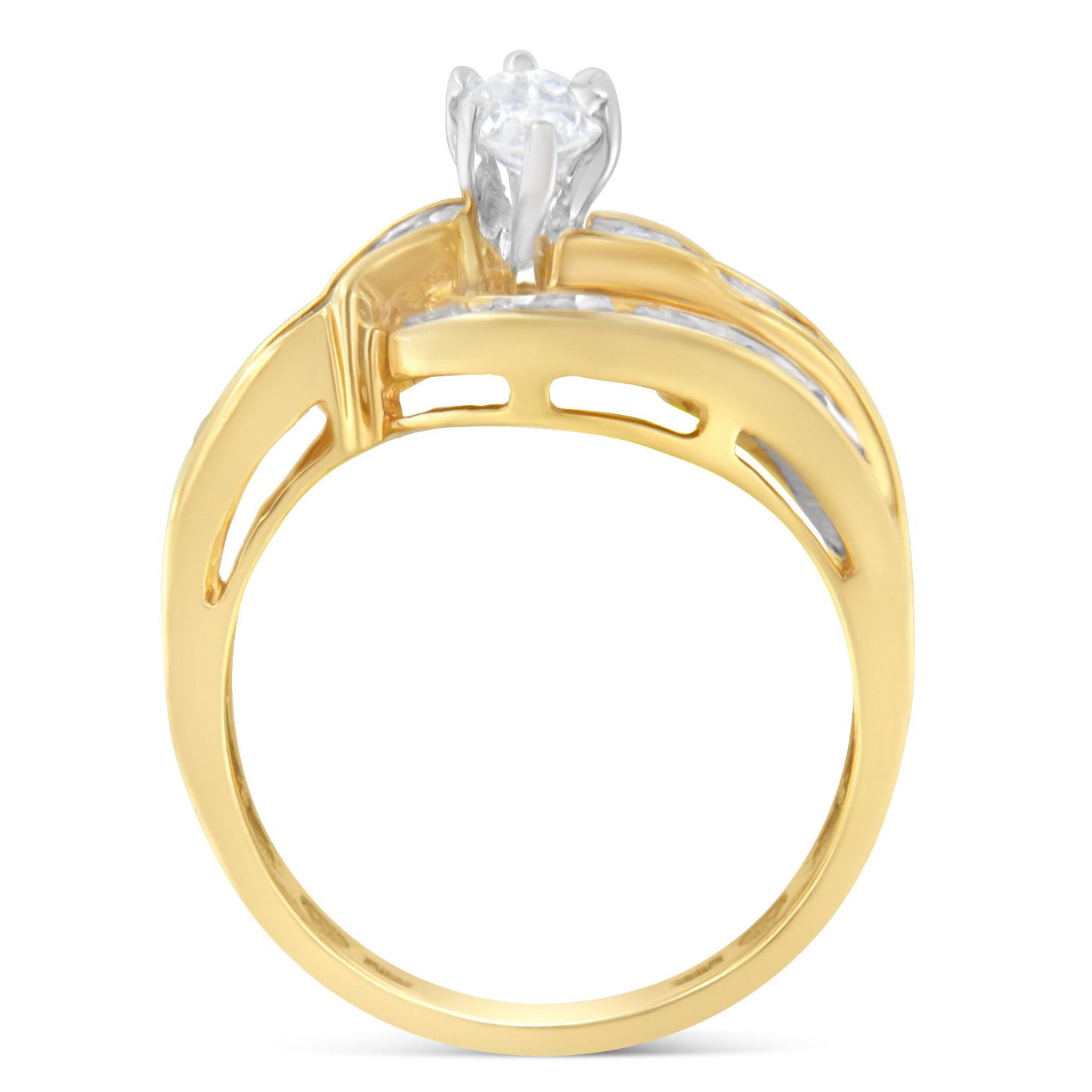 Anillo de oro bicolor de 14 K con diamantes talla marquesa, baguette y redonda (1 qt total, color H-I, claridad SI1-SI2) (Talla 7)