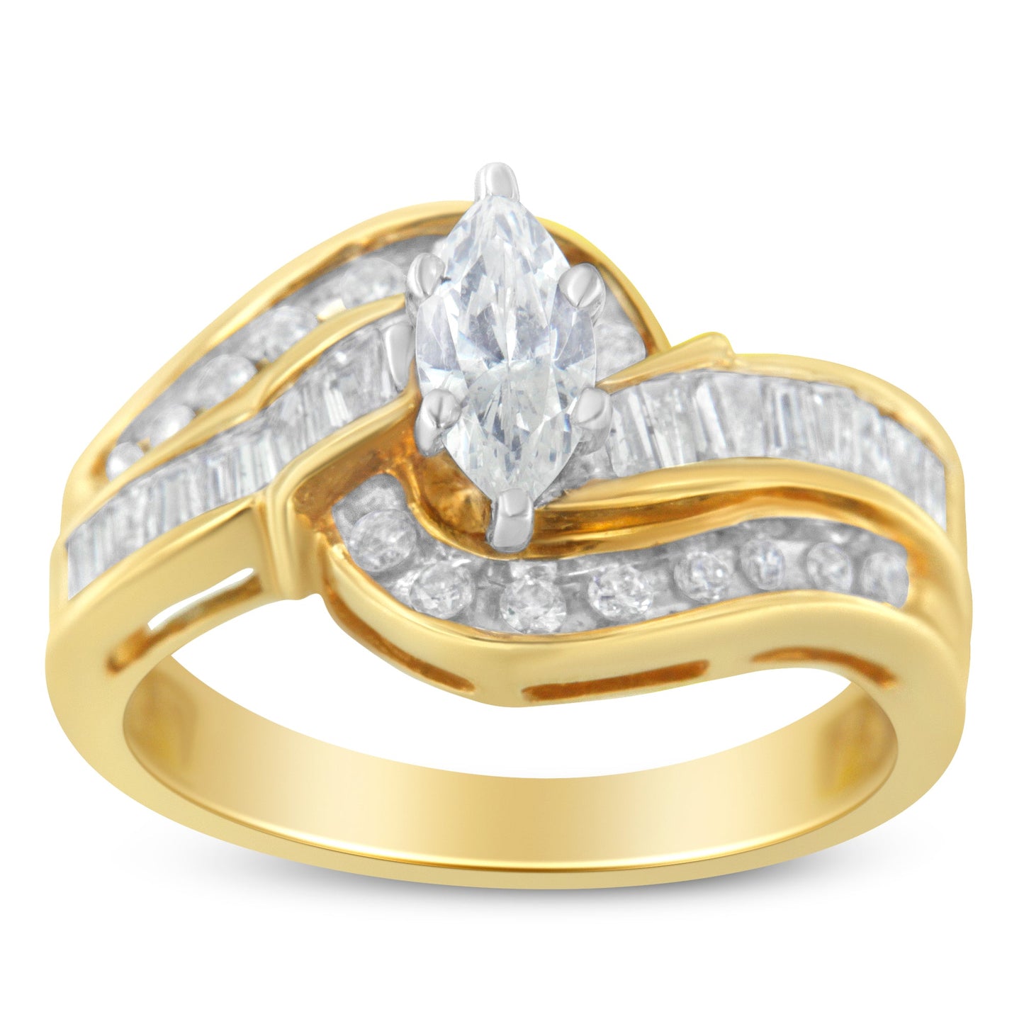 Anillo de oro bicolor de 14 K con diamantes talla marquesa, baguette y redonda (1 qt total, color H-I, claridad SI1-SI2) (Talla 7)