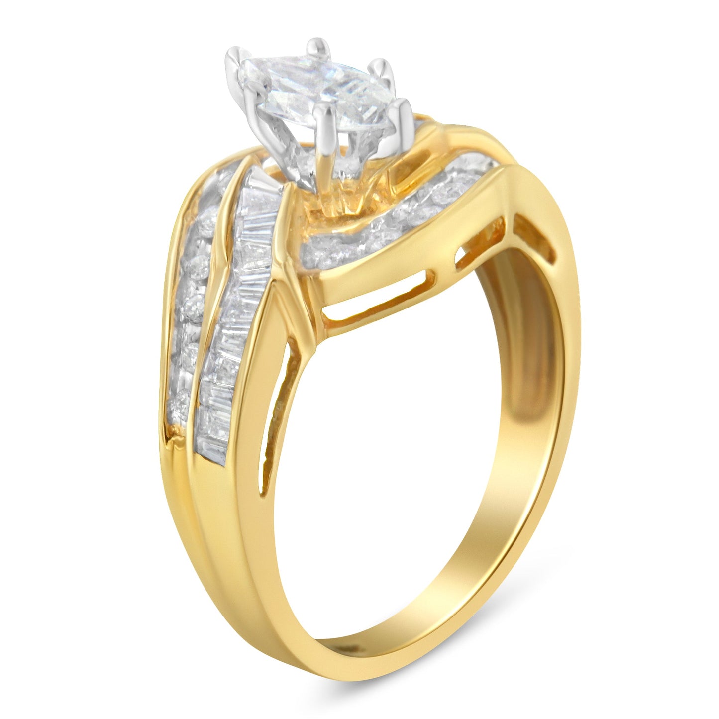 Anillo de oro bicolor de 14 K con diamantes talla marquesa, baguette y redonda (1 qt total, color H-I, claridad SI1-SI2) (Talla 7)
