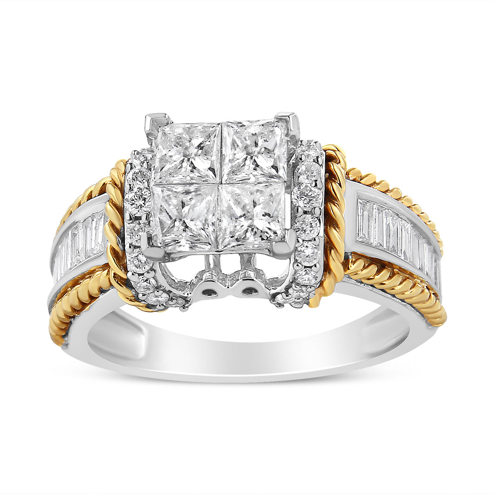 Anillo de compromiso de oro blanco y amarillo de 14 quilates con diamantes de talla princesa de 1,5 quilates en engaste invisible estilo cuádruple (color H-I, claridad SI2-I1) - Talla 7