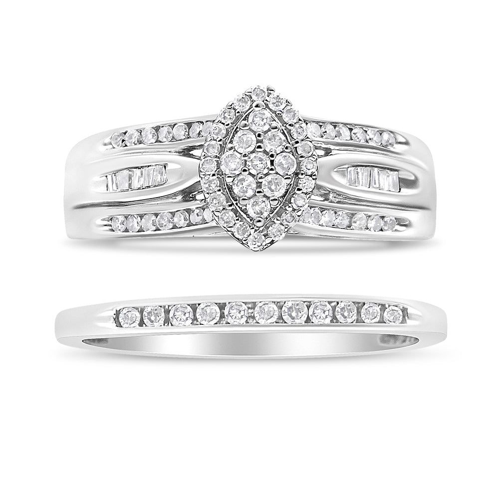 Conjunto de Compromiso y Boda de Plata Esterlina .925 con Diamantes Redondos y Talla Baguette de 0.50 Cttw (Color I-J, Claridad I1-I2) - Talla 7