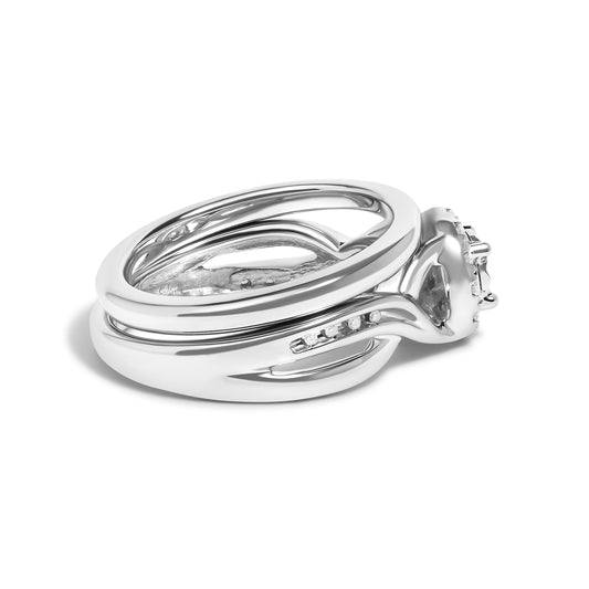 Anillo de compromiso y alianza de plata de ley .925 con halo de diamantes de 1/7 quilates (color I-J, claridad I3) - Talla 7