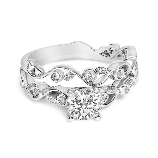 Anillo de compromiso y conjunto de alianzas de oro blanco de 14 quilates con diamantes cultivados en laboratorio de 1,0 quilates de estilo vintage - Talla del anillo 5